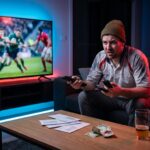 Frustrated sports fan sitting on a couch holding multiple TV remotes and looking at expensive bills, while a live rugby match plays on a 4K TV.