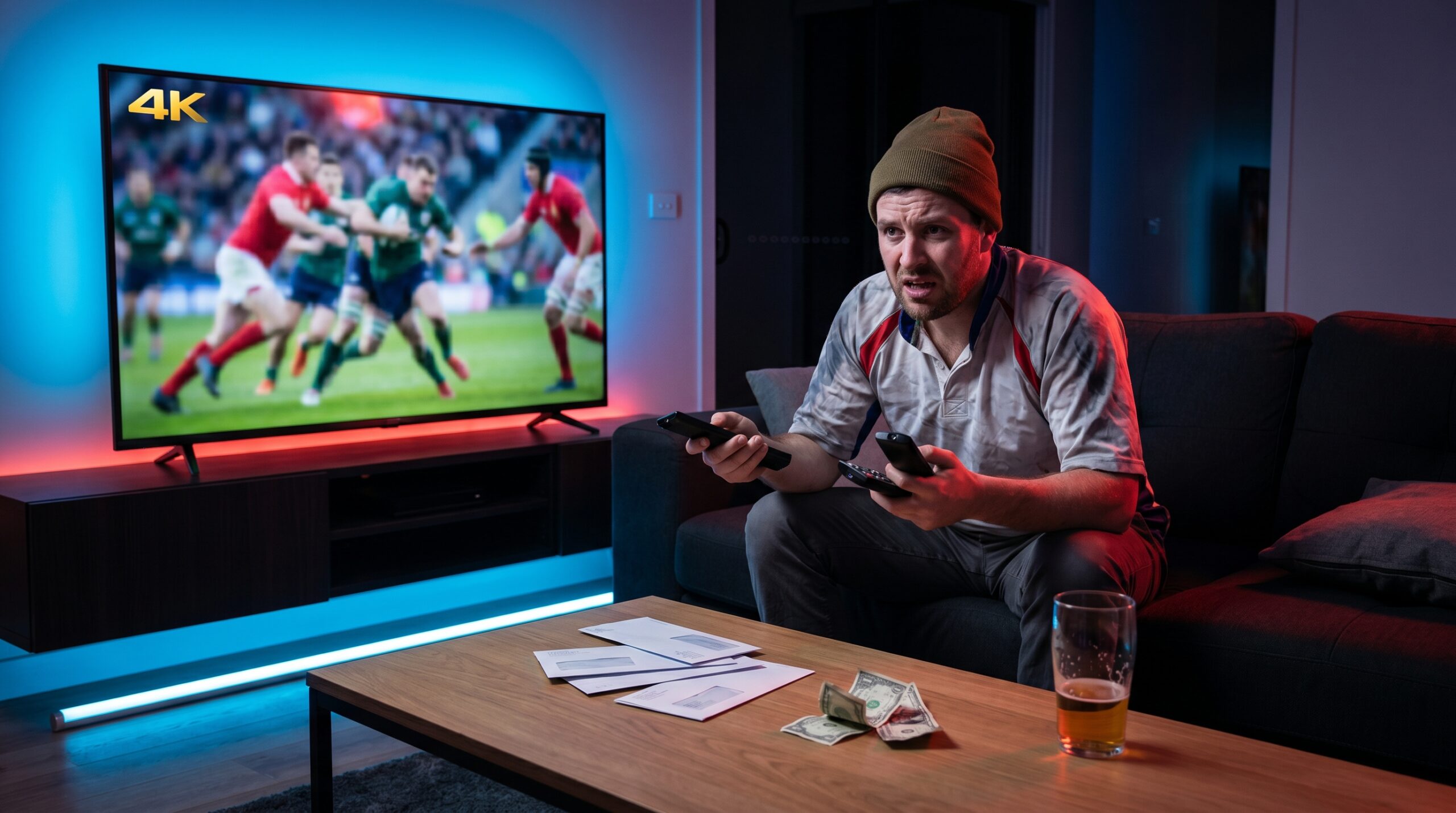 Frustrated sports fan sitting on a couch holding multiple TV remotes and looking at expensive bills, while a live rugby match plays on a 4K TV.