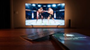 Close up of a credit card and a smartphone displaying an MMA event reminder, with a live cage fight playing on a TV in the blurred background.