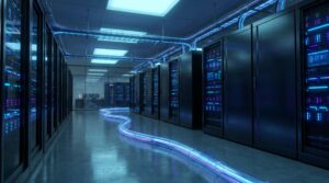 Inside a modern data center showing rows of sleek black server racks illuminated by neon blue lights, with a glowing data cable running across the floor.