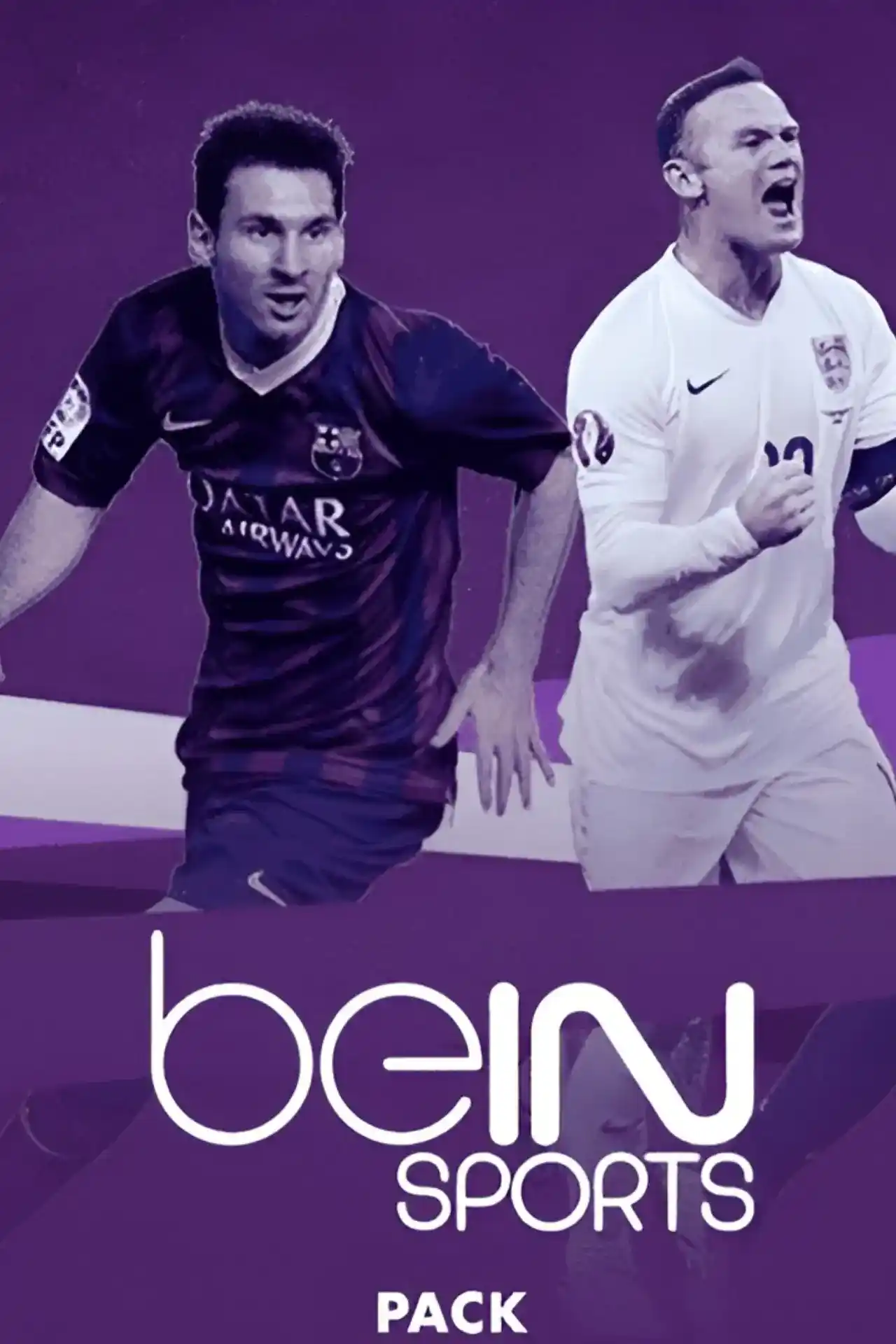 beIN Sports pack poster featuring football stars Lionel Messi and Wayne Rooney, highlighting the premium live sports channels on our IPTV service.