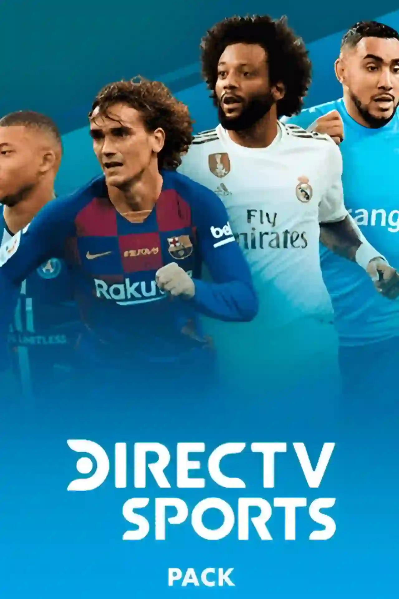 DirecTV Sports pack poster featuring top European football players, highlighting premium live soccer channels on our IPTV service.