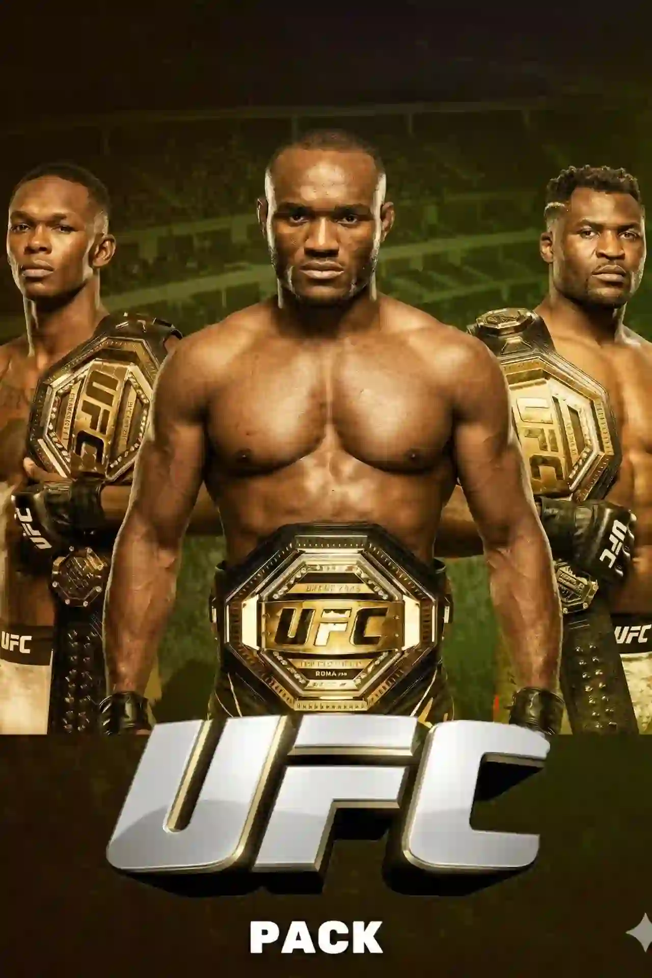 UFC Pack poster featuring MMA champions Kamaru Usman, Israel Adesanya, and Francis Ngannou, highlighting live PPV fight streaming on our IPTV service.