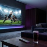 Premium modern living room setup featuring a massive wall-mounted 4K TV displaying a live rugby match, with a streaming remote and a cold beer on the coffee table.