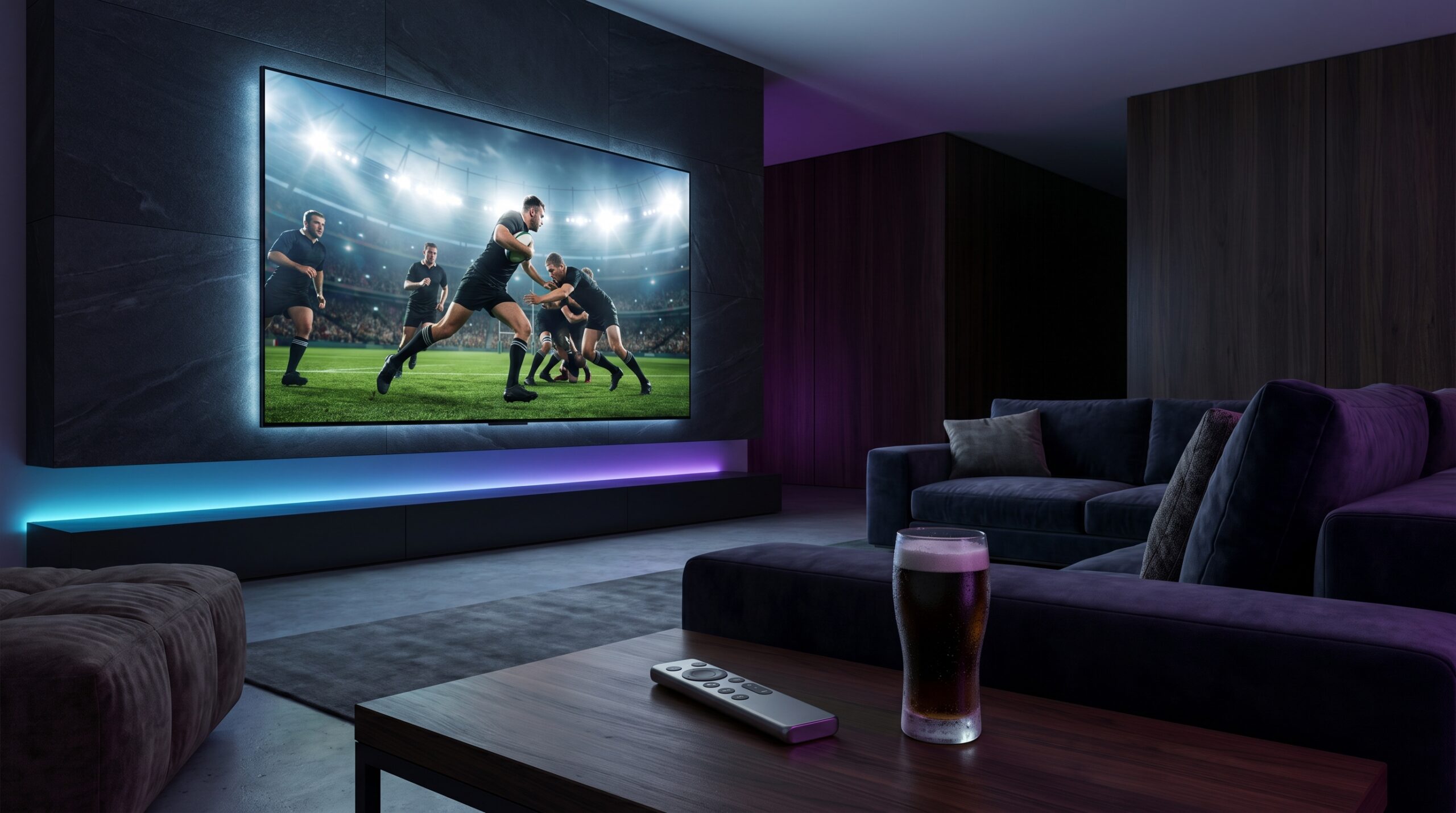 Premium modern living room setup featuring a massive wall-mounted 4K TV displaying a live rugby match, with a streaming remote and a cold beer on the coffee table.