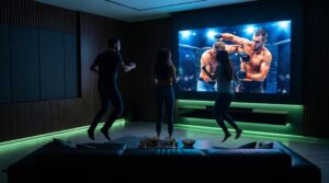 Three friends jumping and cheering in a dark, modern living room while watching a live MMA fight on a massive 4K screen.