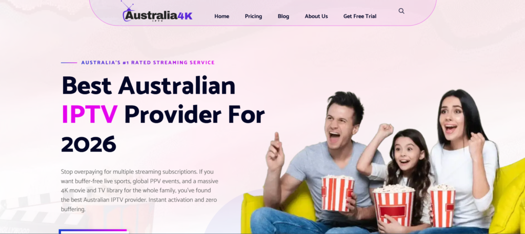 Australia4K homepage displaying the Get Free Trial button in the top navigation bar